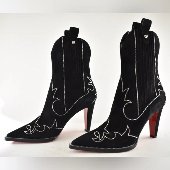 Christian Louboutin Santigag Strass 85 Black Suede Western Ankle Heel Boot 40 - Picture 14 of 16
